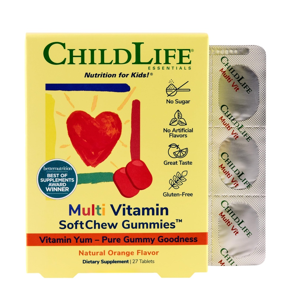 儿童营养素(Childlife ESSENTIALS) 儿童多维他命 柔软的Chow Gummys - 儿童维生素,儿童多维他命,多维他命 Gummys,托德勒维生素,儿童可嚼维生素,无糖-天然橙,27片