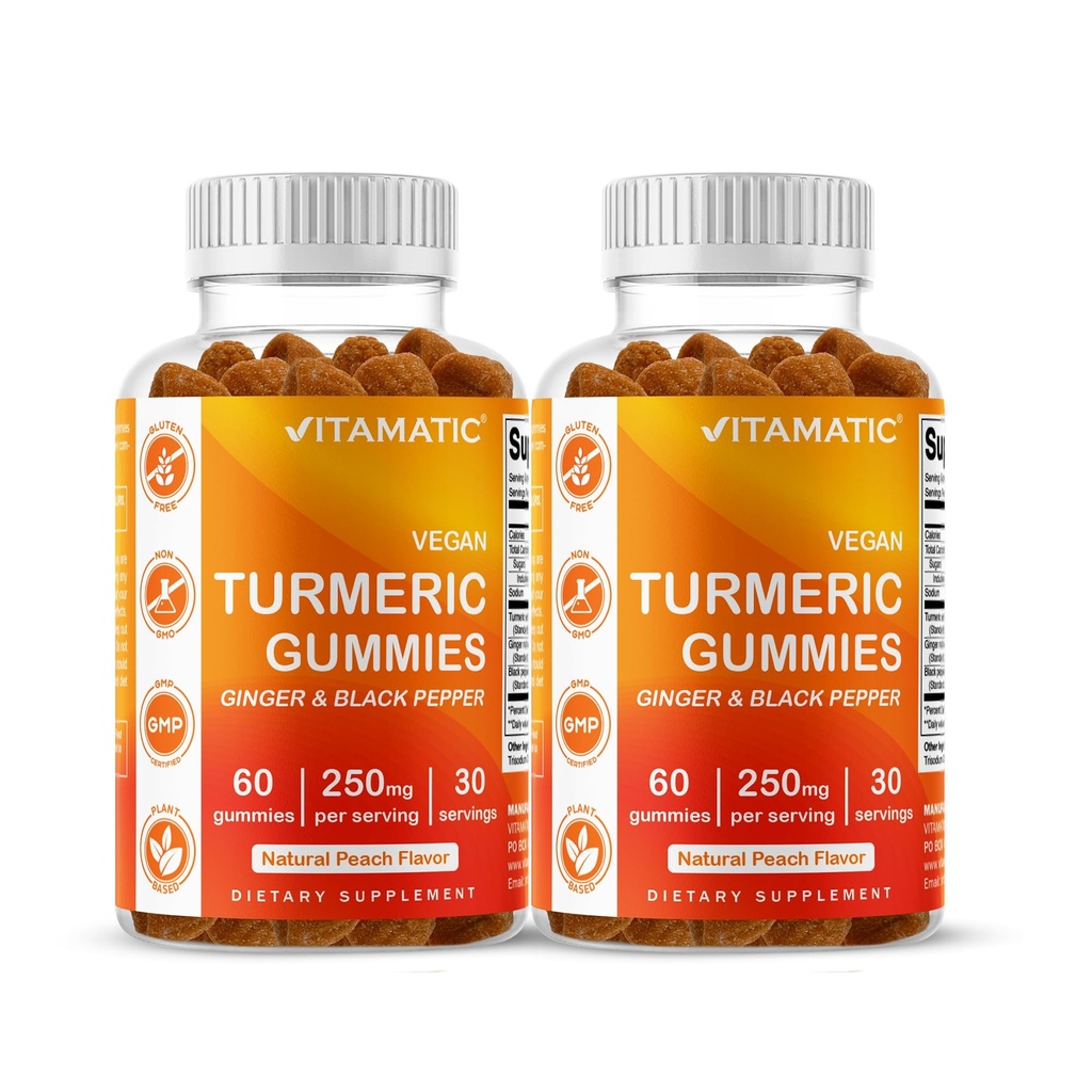 维他命涡轮增殖加姜和黑辣椒提取法 – 60 Vegan Gummys Each → 2 Pack (120 Gummys) 95% Curcuminoids – 强抗氧化剂和炎症支持