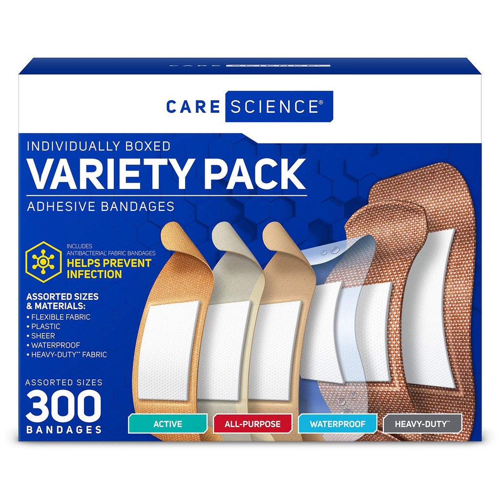 Care Science Variety Adhesive Bandages Pack, Assorted Sizes, 300 Count | Value Assortment of Individually Packaged Bandages. Including Active, All-Purpose, Waterproof & Heavy-Duty Bandages.