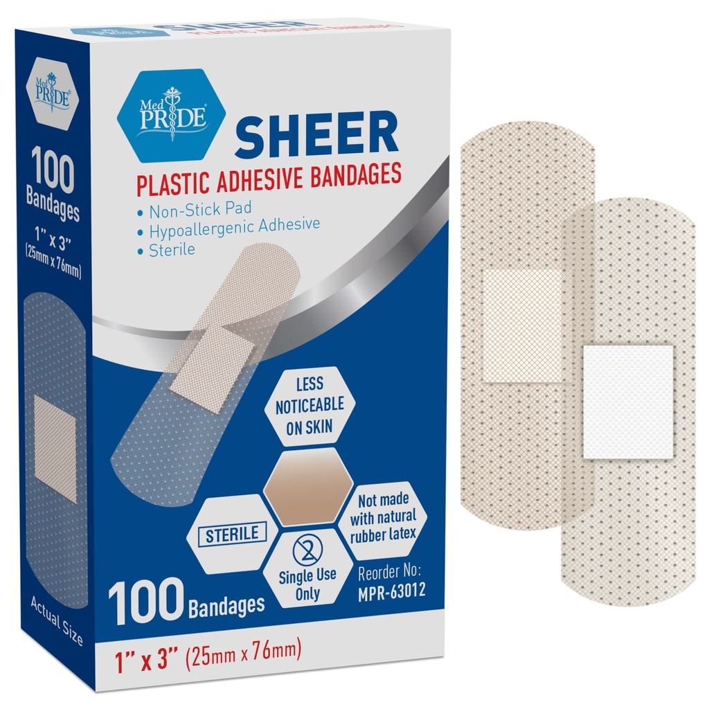 MED PRIDE Sheer Bandages,Latex-Free,Hypoallergenic,Sterile,1x3 in,100-Count