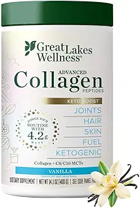 大湖井 Keto Boost 高级Collagen Peptides 粉末,含4.2g MCTs - 香草火焰 - 营养-Rich Non-Dairy Coffee Creamer 或 Smoothie Alt - 非GMO, Kosher - 14.1 oz