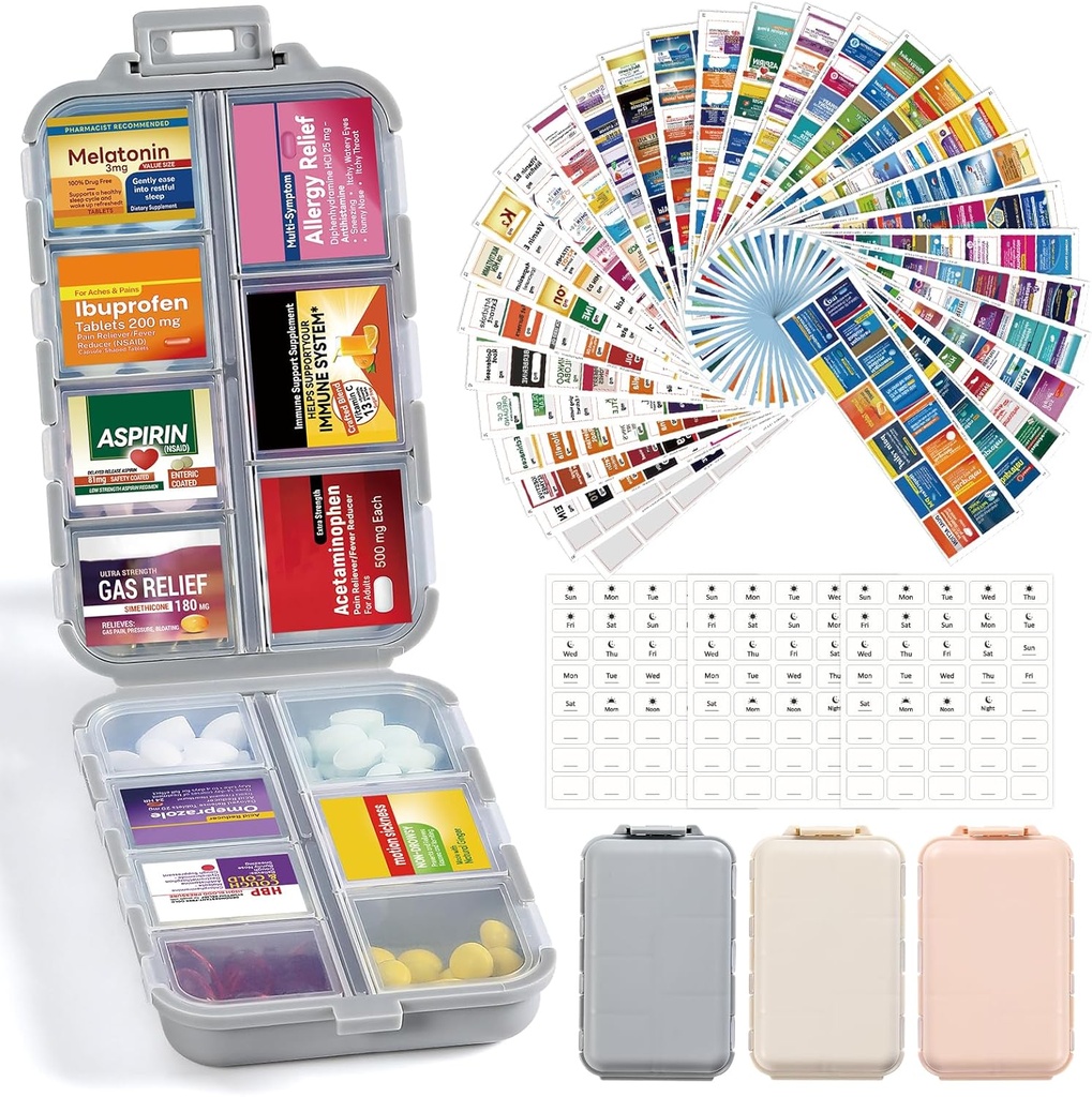 3 Pack 14 Grids 旅行药丸组织器箱,装有415-Pcs 药品名称标签 - Pocket Daily Pharmacy Case Control Kit - 鱼油维生素补充剂旅行药剂持有者