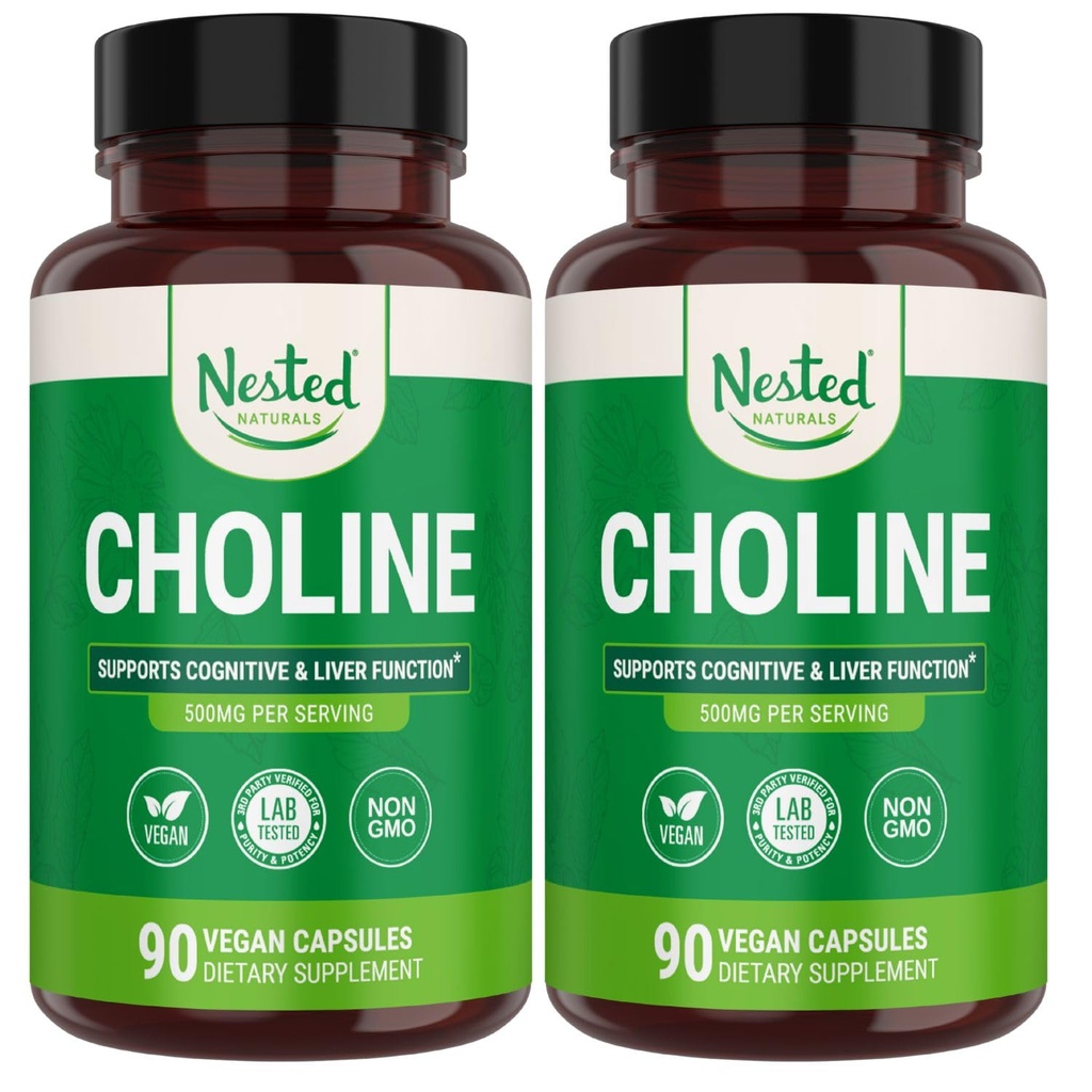 Nested Naturals Choline Bitartrate 500mg - 高概率Choline补充剂 - 支持妊娠期孕产妇和胎儿健康* - 100% Vegan & Non-GMO - 2-Pack (180 Vegan Capsules)