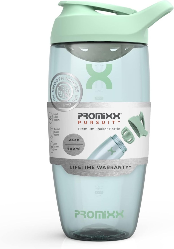 Promix 追逐蛋白质摇摆瓶(24 oz) – 寂静无声的无篮混音器,Leak-Proof Lid,BPA/BPS & Phthate-Free ECOZEN – 蛋白质摇摆,前和后工作滑动的易清摇摆杯