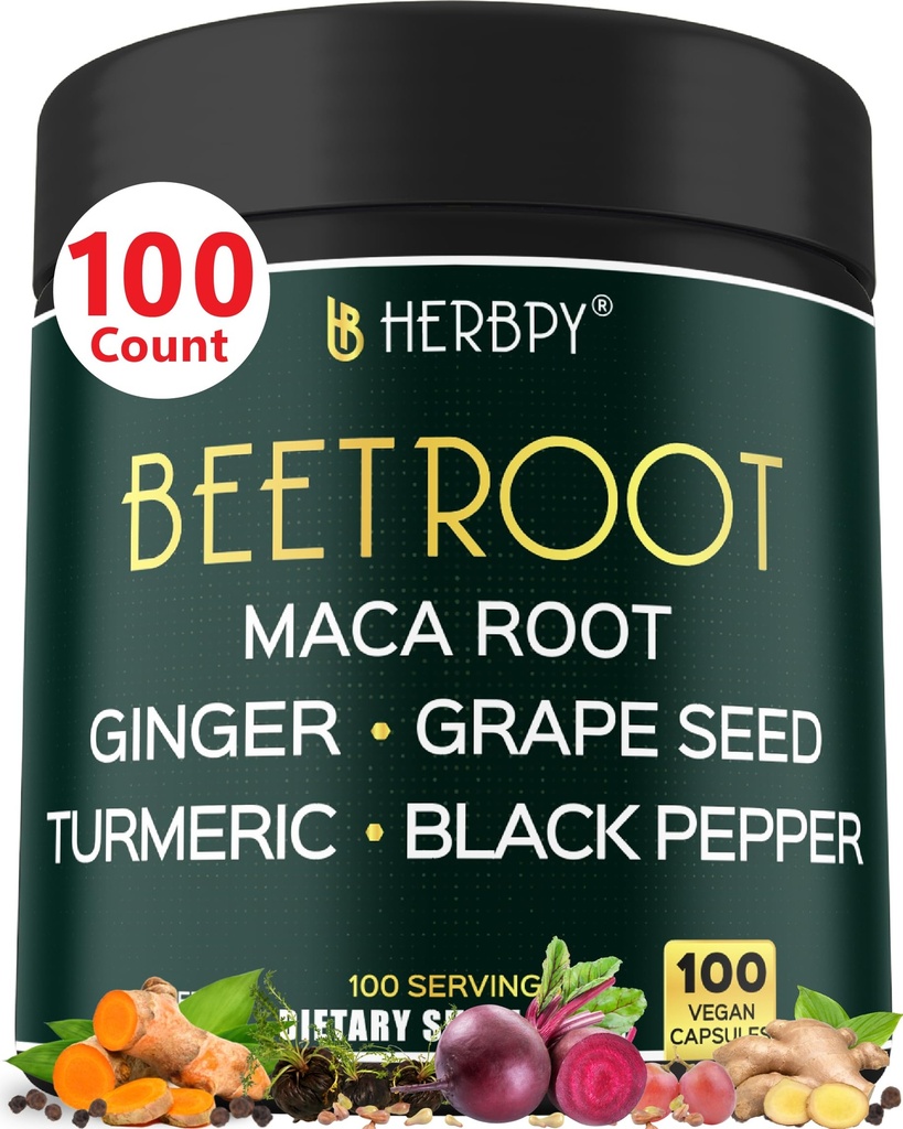 6in1 Beetroot 配有 Maca Root, Grape种子, Ginger, Turmeric 和 Black Pepper 的 心脏健康和免疫支持- 100 Vegan Capsules