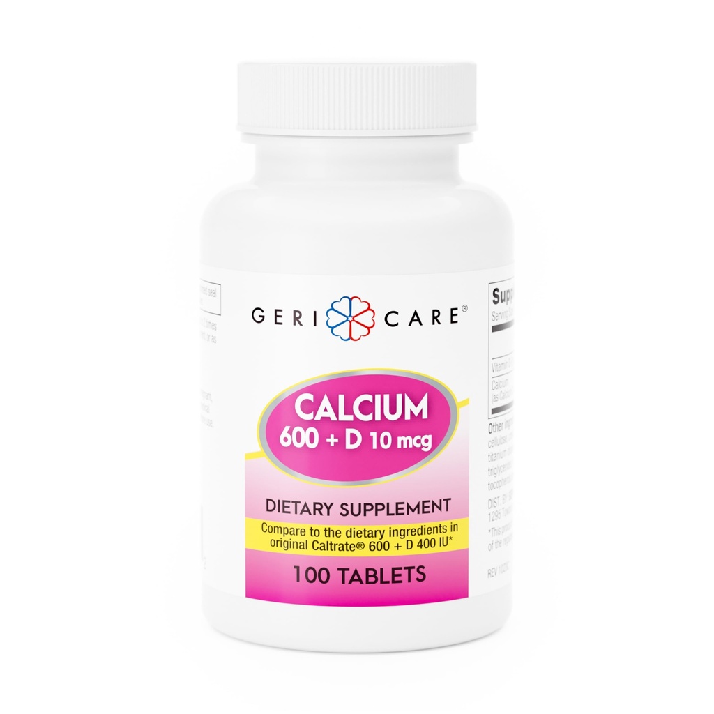 GeriCare Calcium 600mg, Vitamin D 10mcg (400 IU) Tablets, Supports Bone Health, Nutritional Supplement, 100 Count (Pack of 1)