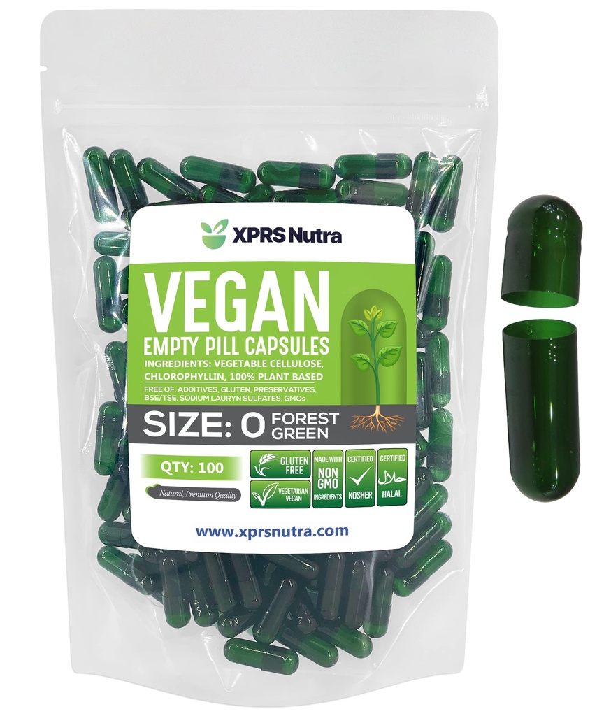 XPRS Nutra 大小 0 空卡普尔- 100 空卡普尔- 100 伯爵 Vegan Capsules - 蔬菜药丸 - DIY 蔬菜药丸填充 - 蔬菜药丸 用于Do- It- Yourself 补充品(森林绿色)