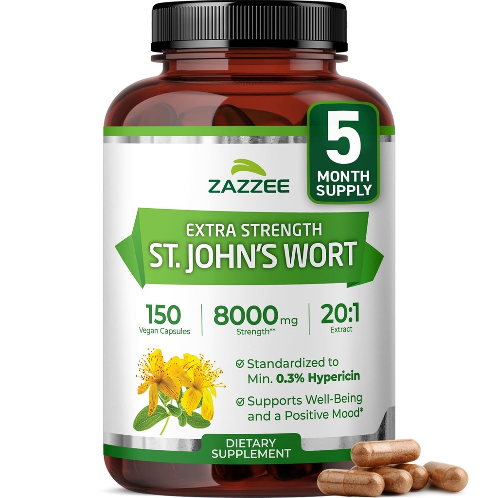 Zazzee Extra St. John's Wort 20:1 提取,8000 mg 强度,0.3% Hypericin,150 Vegan Capsules,5个月供应,集中,标准化 20X 提取,100% 蔬菜,非GMO,全自然