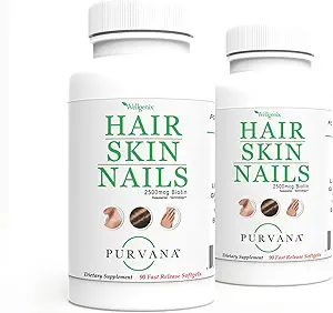 Wellgenix Purvana Hair, Skin, 和Nails Vitamin Softgels for High Abbox - 双强 2500mcg Biotin, VIT A & B(90个计数) 2 Pack