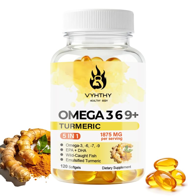 120 Softgels, Triple Omega 3 6 9 Supplement with Turmeric, Curcumin, DHA & EPA, Fish Oil Supplement for Brain & Heart Health and Joint Support, Advanced Absorption