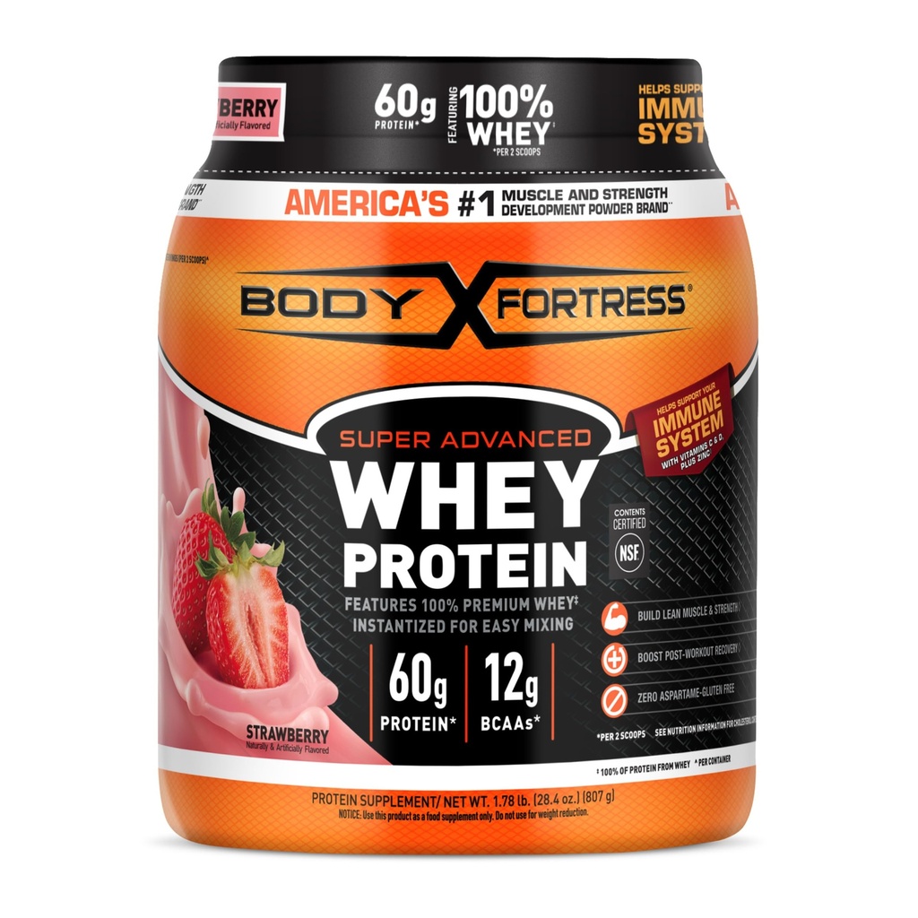 Body Fortress Super Advanced Whey Protein Powder, Strawberry, 1.78 lbs