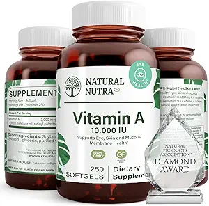 天然核素维生素A 10,000 IU 软胶 – 高发性眼和皮肤维生素 – Gluten-Free Vitamin A Suppos for Sight & Skin Health – Fish Liver Oil for Men and Women, Gluten Free, 250 Softgels (英语).