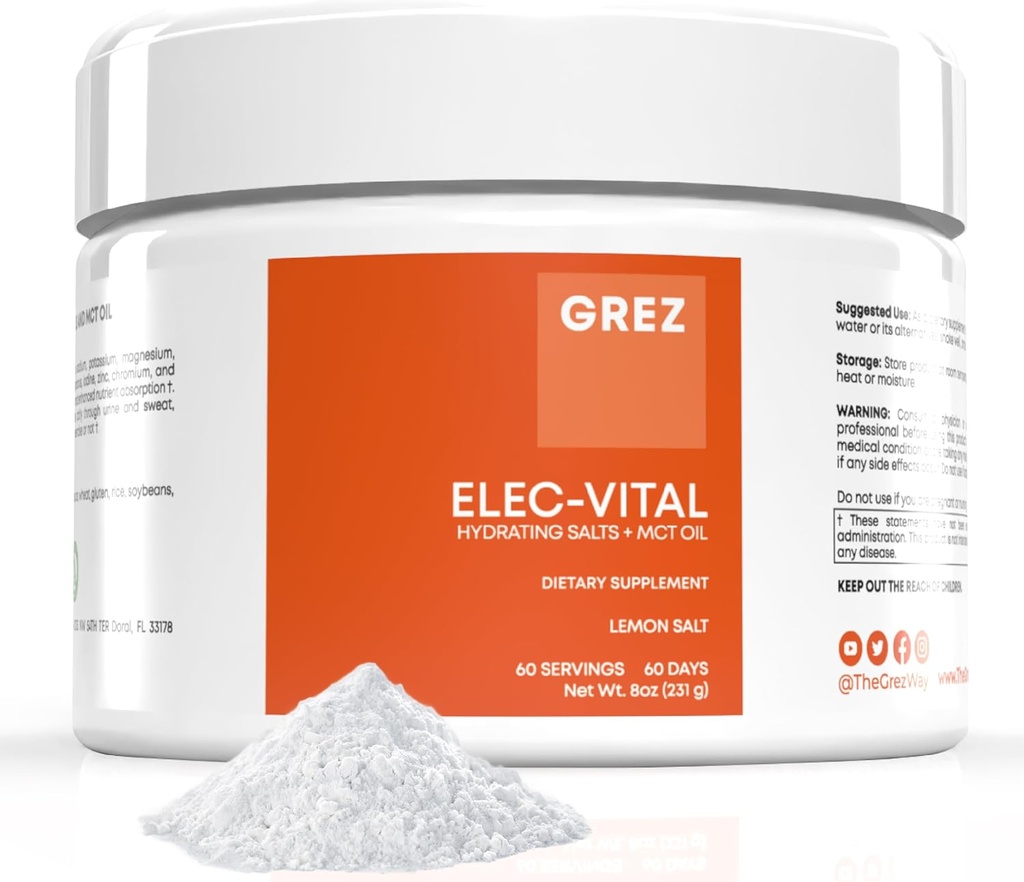 GREZ ELEC-Vital 电解石 无糖 - 水化粉,Keto 电解石 无糖 - 完整的矿物支持,钠,钾,镁,锌 - 60种服务