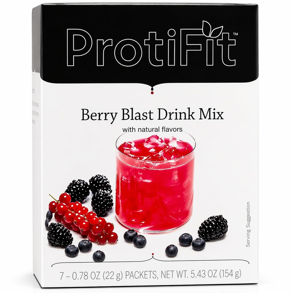 ProtiFit - 高蛋白水果火焰粉末饮料混合剂,15g蛋白,低卡路里,无糖,理想蛋白兼容,7 services Per Box (Berry blast)