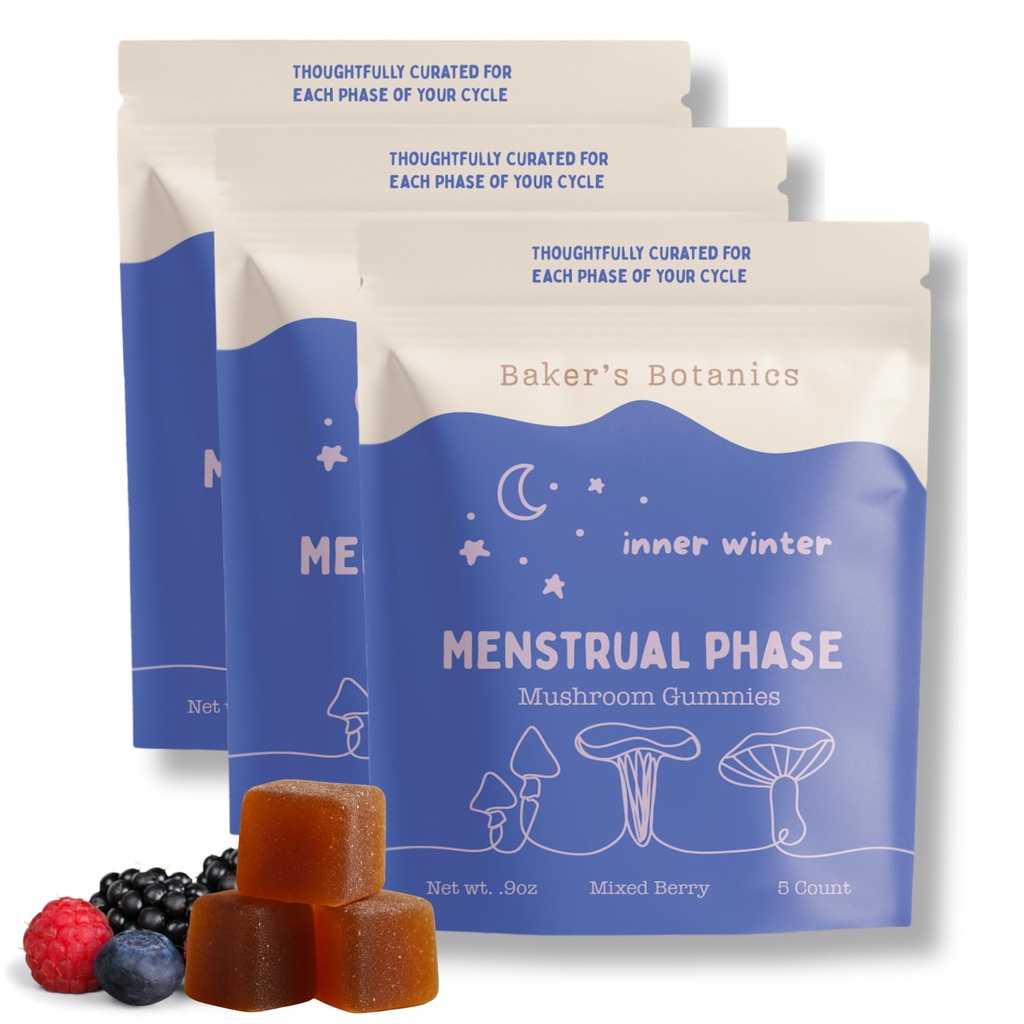 Baker's Botanics Menstrual Mushroom Gummies - PMS Support for Hormone Balance, Period Cramp Relief, Bloating & Mood | Vegan, Gluten-Free, Non-GMO, No Artificial Flavors or Preservatives (3 Bag)
