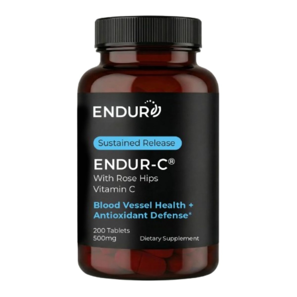 Endur ENDUR-C 配有玫瑰HIPS的维生素C,支持Collagen生产,抗氧化剂保护和Gentle文摘,Gluten Free,500mg(200片)