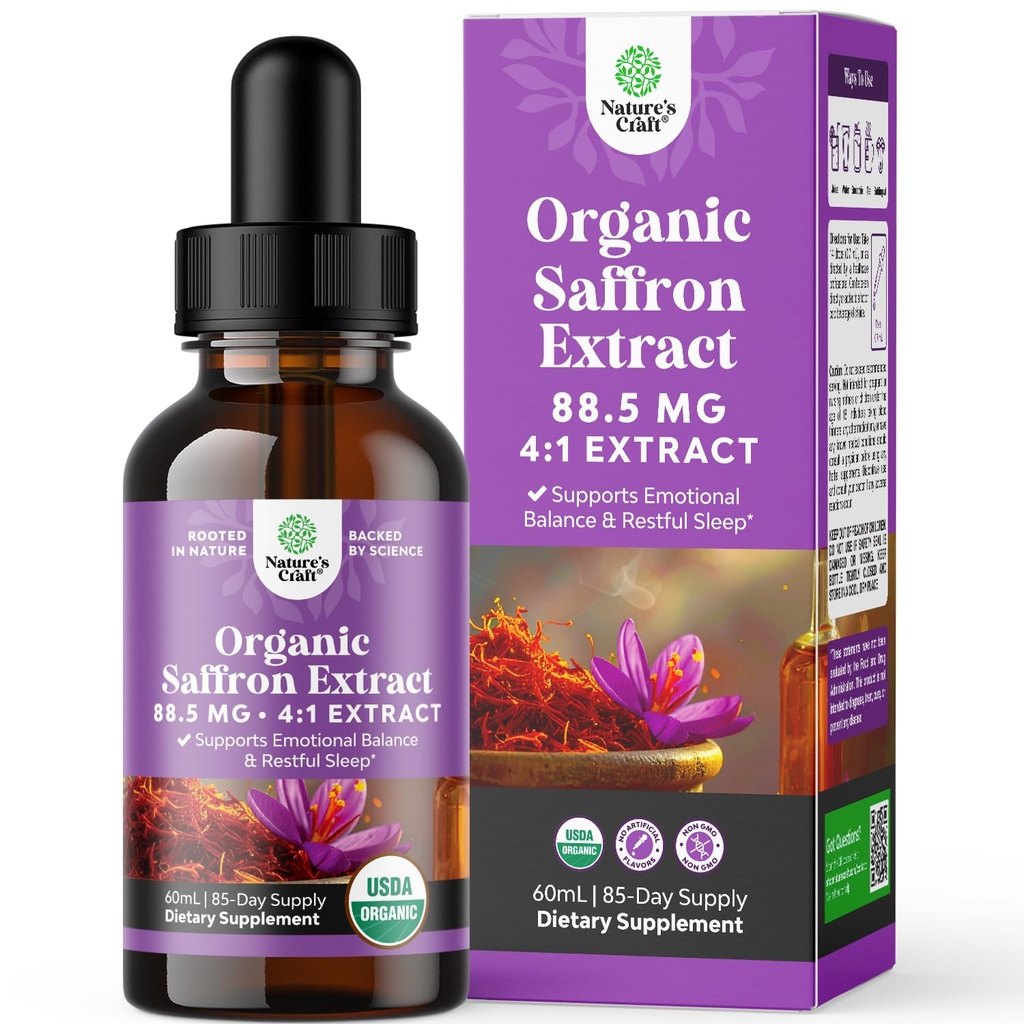 Organic Saffron Extract Drops for Sleep and Mood Support - Helps with Focus & Mental Clarity - Delicious Berry Flavor - Saffron Supplement - 88.5 mg Per Serving - Non GMO - 2 Fl Oz - 85 Servings