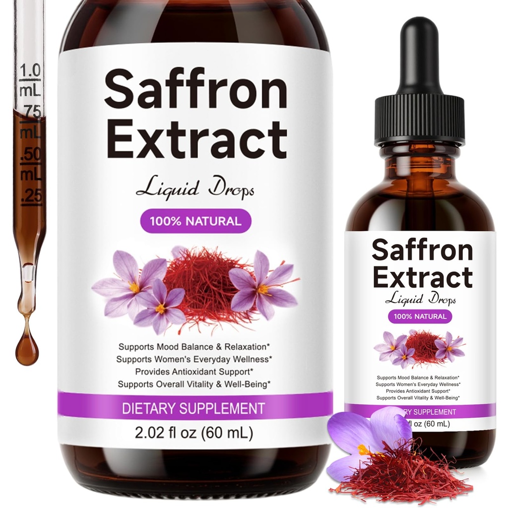 Saffron Extract Liquid Drops (88.5mg) - Mood, Focus & Eye Support | Crocus Sativus - Vegan, Sugar & Alcohol-Free Drop - Add to Tea, 2.02 fl oz (1-Month Supply)