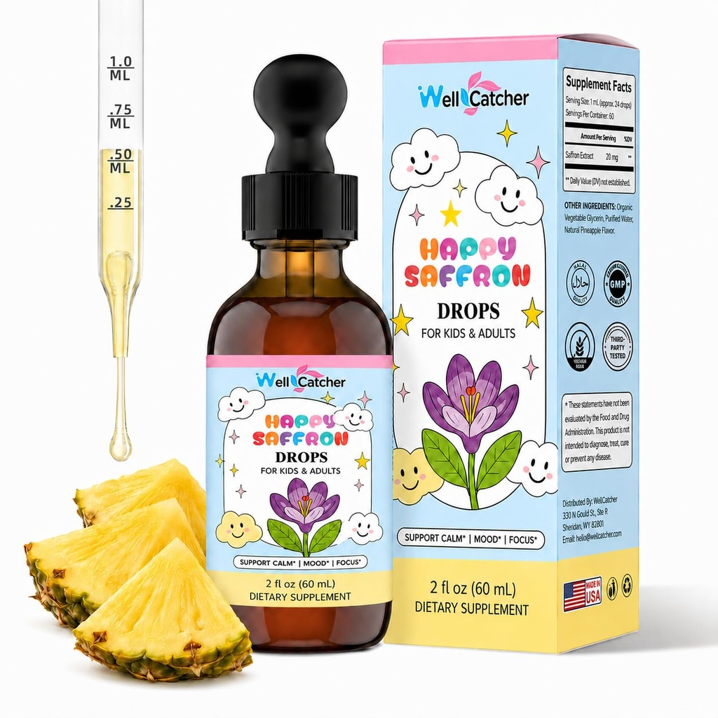 Happy Saffron Drops for Kids & Adults, Saffron Liquid Drops with L-Theanine & Magnesium, Calm Mood & Focus Support, Pineapple Flavor Kids Saffron Supplement, 2 fl oz