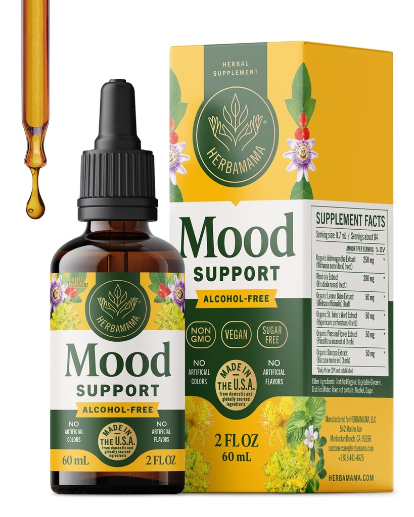 HERBAMAMA Mood Support Supplement - Ashwagandha & Rhodiola Rosea Blend | Emotional & Stress Support • Non-GMO • Alcohol & Sugar-Free • Vegan • Liquid Formula • 28-Day Supply • 2 fl oz