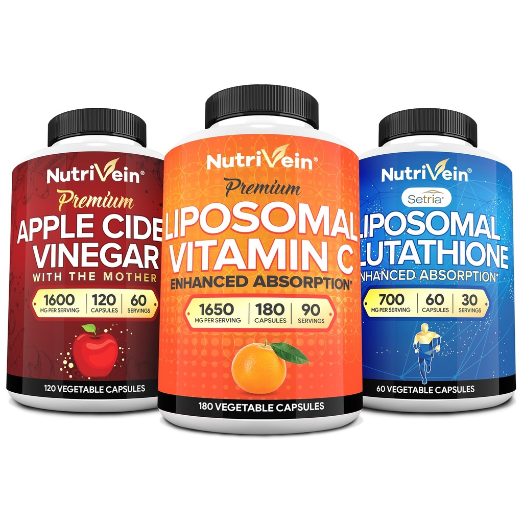 营养素 Premium Liposomal Glutathione, Apple Cider Vinegar Capsules, & Vitamin C 补充包: 维生素 C, ACV Capsules, & Glutathione 补充包, 用于手机防御和解毒