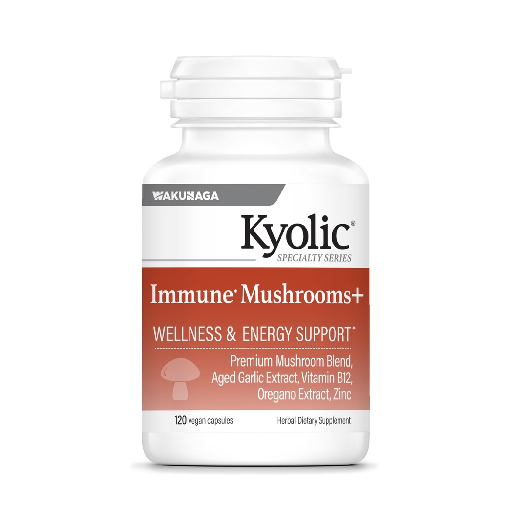 Kyolic Specialty Series Immune Mushrooms+, 120 Capsules | Mushrooms and Herbal Supplement, Immune Support Formula, Chaga, Cordyceps, Turkey Tail, and Aged Garlic Extract, GMO-Free