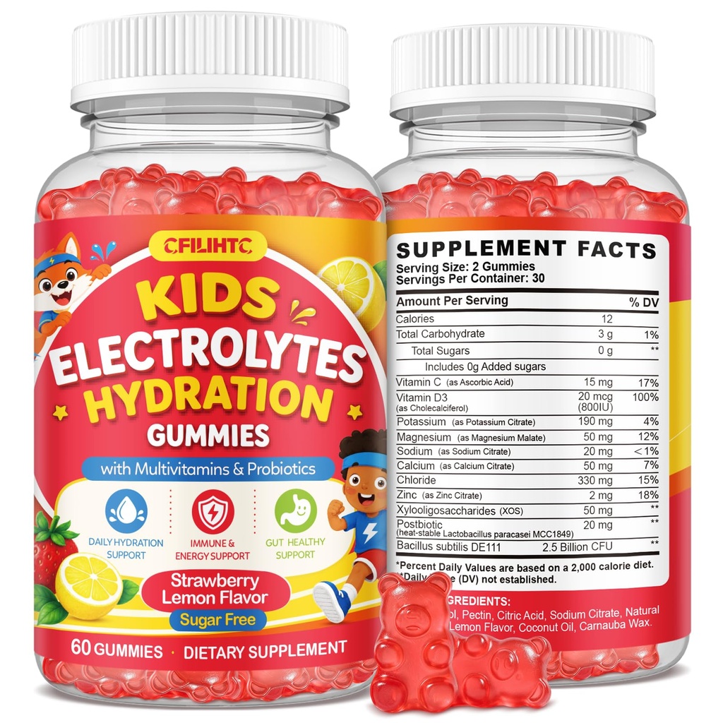 Kids Electrolyte Gummies, Electrolyte Hydration for Kids with Vitamin C & D, Magnesium, Calcium, Zinc for Hydration, Immune, Energy, Gut Health, Sugar Free, Non-GMO, Strawberry Lemon Flavor, 60 Counts