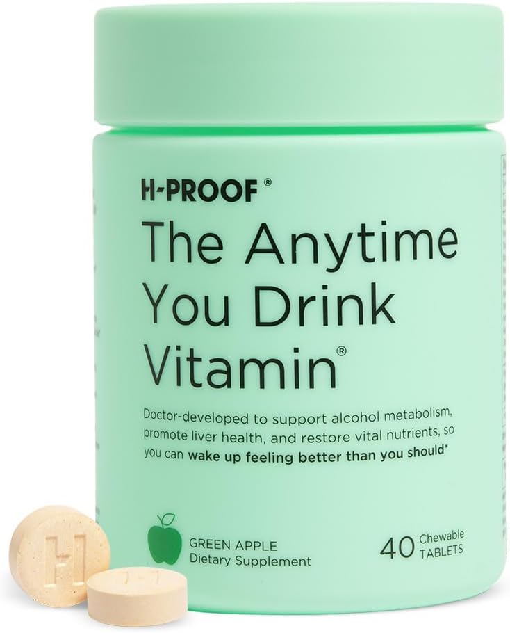 H-PROOF 随时饮用维生素、肝脏健康和电解质的豁免支持、牛奶硝酸盐和维生素B & C - 40 Chewable Tables (20 services), Vegan, Green Apple