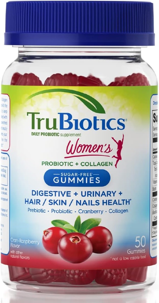TruBiotics Probiotic Gummys 配有 " 妇女消化/泌尿/血液/皮肤/肠道健康 " 、 " 妇女无糖先生 " 和 " Probiotics " 、 " Collagen " 、 " Biotin " 、 " 维生素C " 和 " Cranberry 提取品 " ,50项