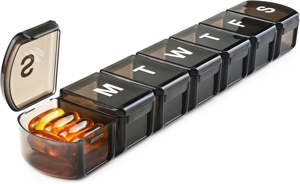 XL 每周药盒组织者 7 天, 1 周 Jumbo Pill Dispenser 案 一天1次, MOLN HYMY 每日药品容器 持有药品、维生素、鱼油和补充品(黑色)
