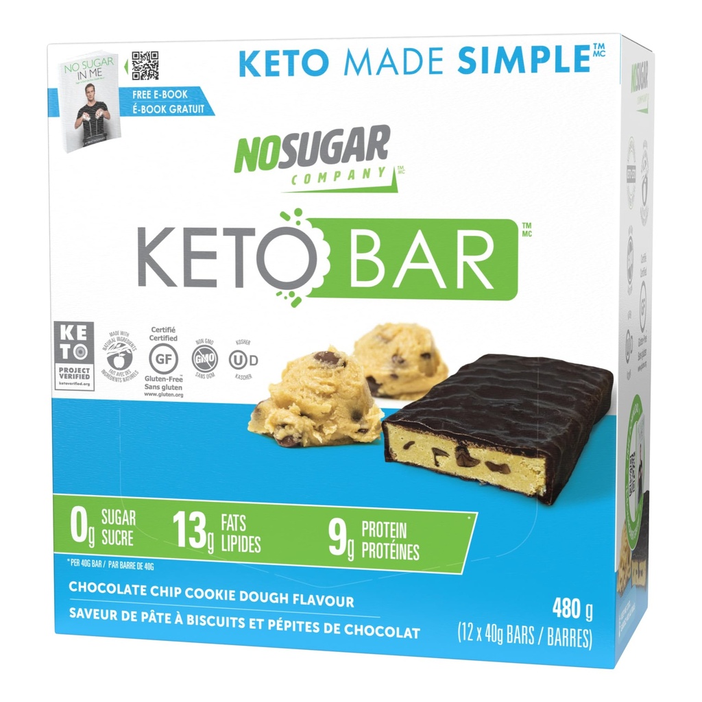 No Sugar Keto Bar Snack, Chocolate Chip Cookie Dough, Low Carb Snack, 480g | 7g Dietary Fiber, 9g Plant Protein, 13g Healthy Fat, Keto-Friendly Macros, Diabetic-friendly, Gluten-free, Non-GMO, 24 Bars