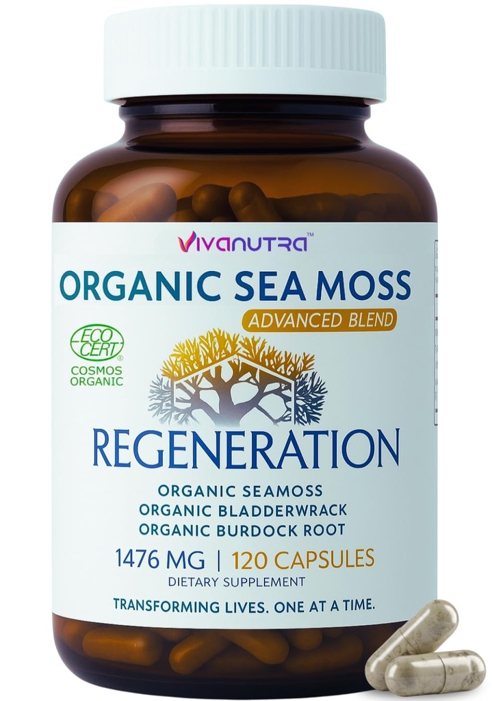 Sea Moss Capsules 1476mg – 有机Seamos Pills 超级食品与爱尔兰海 Moss, Bladderwrack & Burdock Root – 120 Vegan Capsules for Vitality, Energy & Skin Supports – 在美国制造.