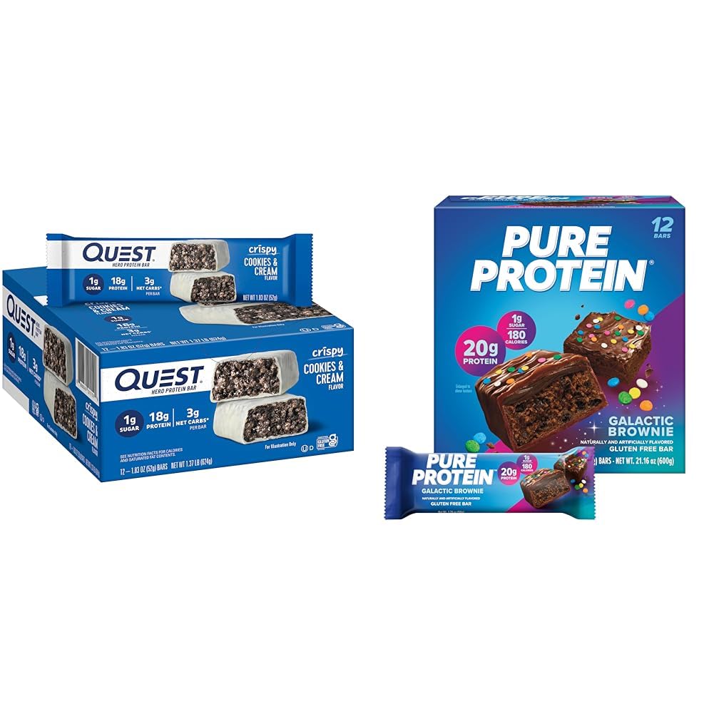 Quest Cookies & Cream Hero Protein Bar 18g Protein 12 Count & Pure Protein Galactic Brownie Bars 20g Protein 12 Count