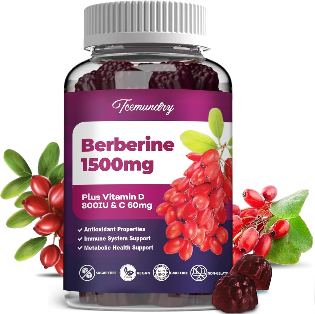 Berberine Gummys 1500毫克来自印度巴贝里根高活性,配有维生素D和维生素C补充剂