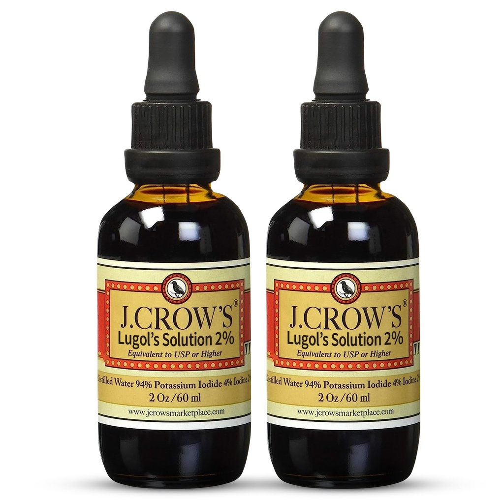 J.CROW'S® Lugol's Solutions of Iodine 2% oz (2瓶) – Premium Iodine & Potassium Iodide Liquid, Gluten &,无酒精天然血清提取,无过期