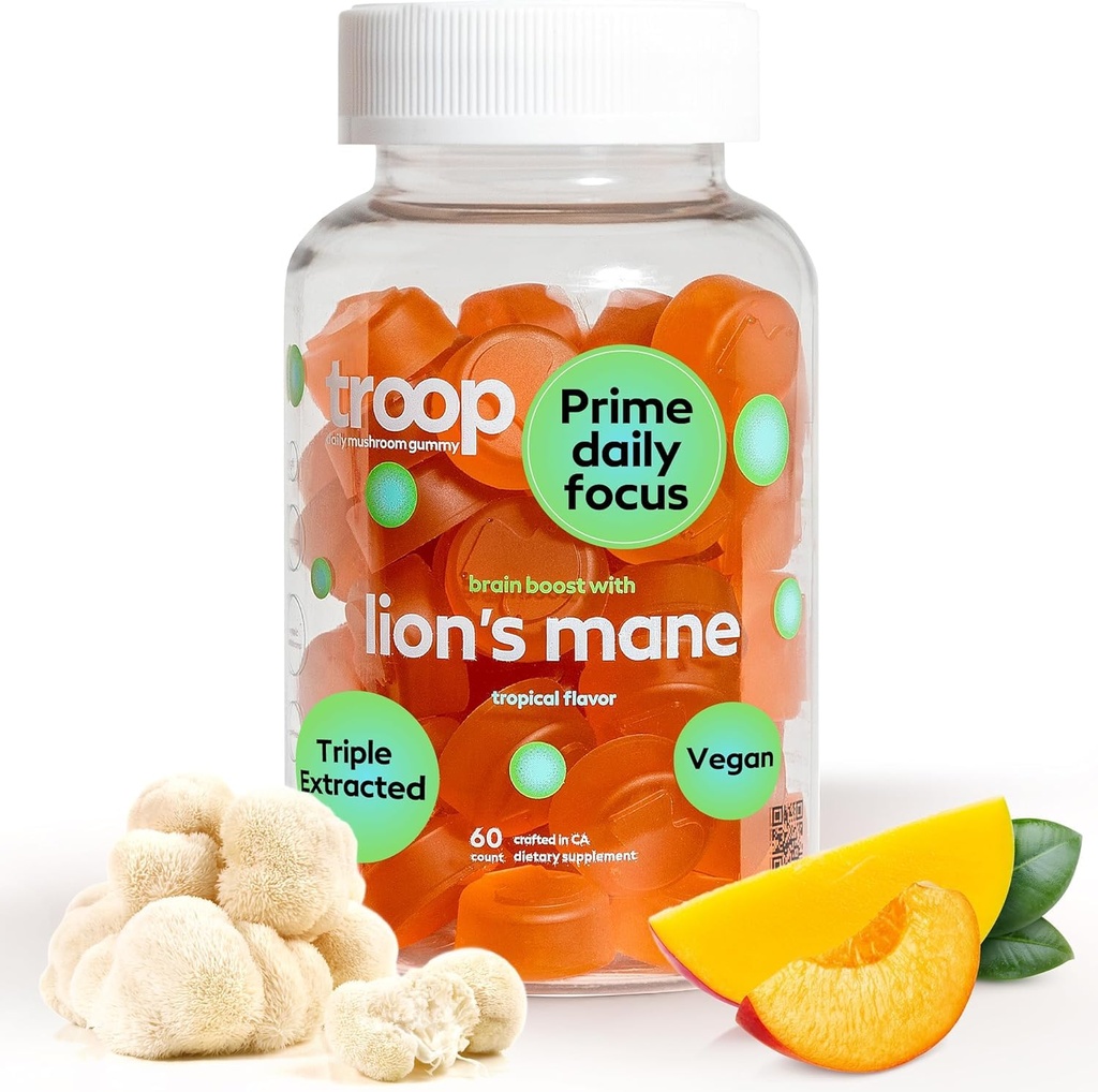 Troop Lion's Mane Mushroom Gummies, Peach Mango, 60 Count | Triple-Extracted Lion's Mane Mushroom Fruiting Body for Focus & Mood, Cognitive, Immune & Memory Support, Vegan, No Mycelium