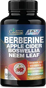 有机Cadane Berberine Supplement 150 Capsules,配有 Neem Leaf, Apple Cider Vinegar, VIT D3, E & More - Berberine 提取 - 支持免疫系统,文摘和整体健康