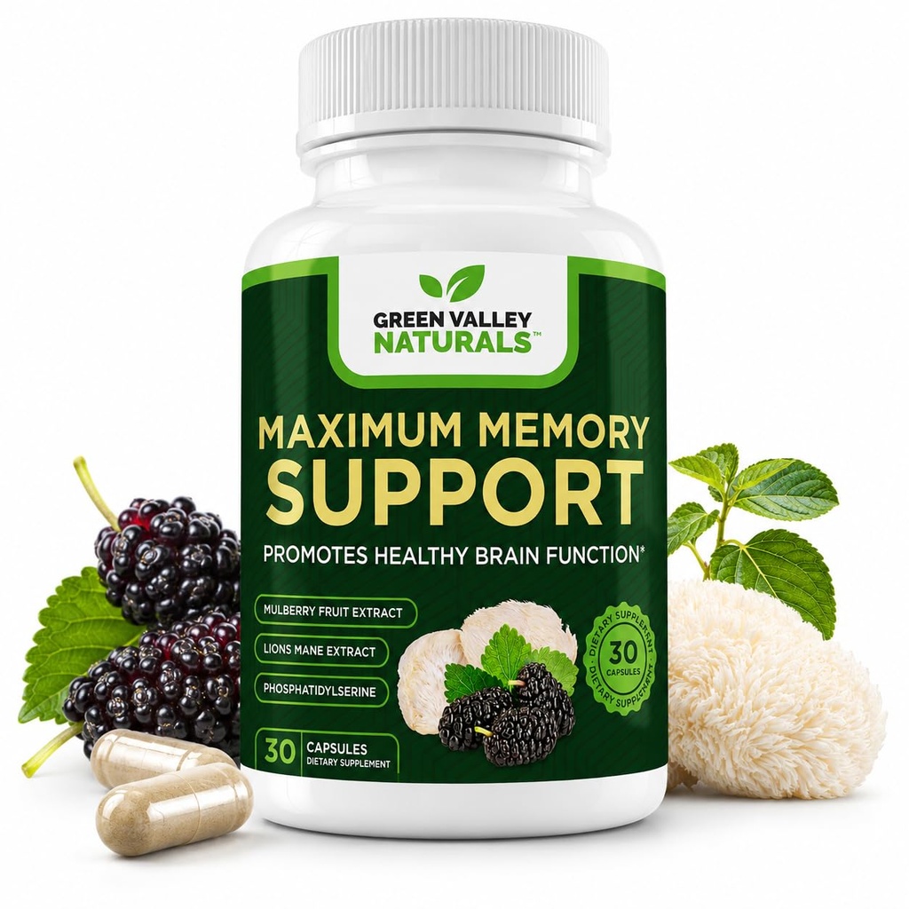 Green Valley Naturals Maximum Memory Support | Cognitive Formula with Lion’s Mane, Mulberry, Phosphatidylserine & Methylated B-Vitamins Green Valley Brain Health & Focus | 30 Capsules