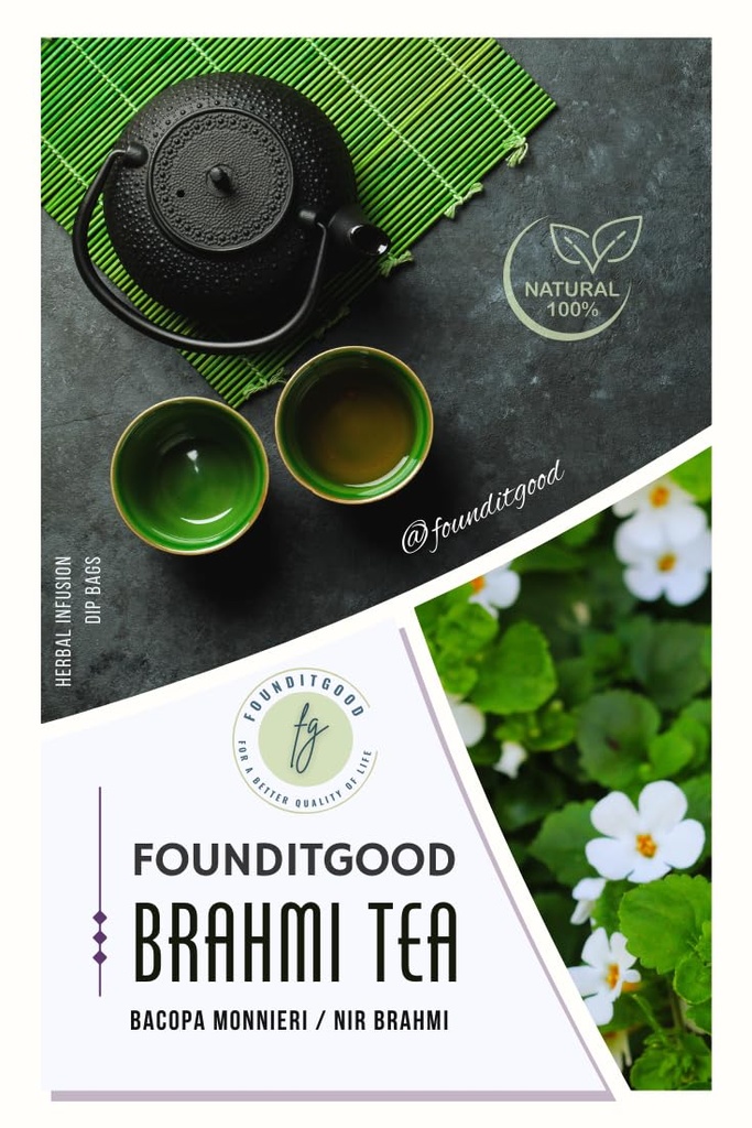 FounditGood Brahmi Tea – Refreshing Herbal Infusion for Mental Clarity & Calm – Pure Bacopa Monnieri – Caffeine-Free - 60 Dip Tea bags