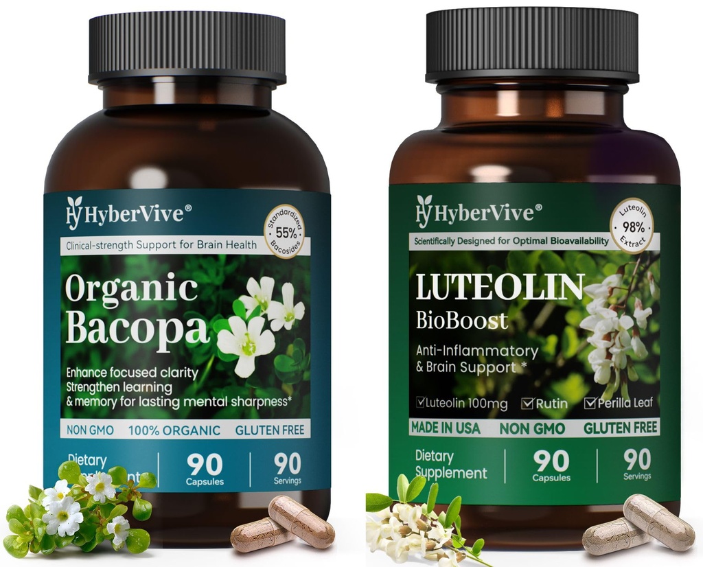 HyperVive Bacopa Monnieri + Luteolin Bundle – Memory, Focus, Cognitive Clarity & Brain Health Support, Vegan Capsules