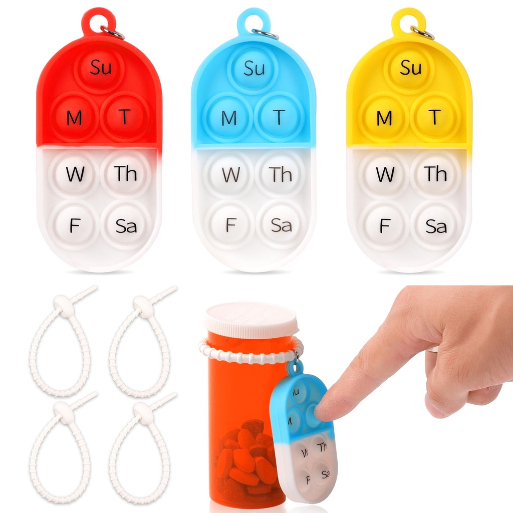 3 Pack Pill Reminder Medication Pill Tracker Bottle with Ties Reusable Daily Medication Tracker Portable with Button 7 Day Memory Aid Medication Dose Silicon for The Elderly Red Yellow Blue(3)
