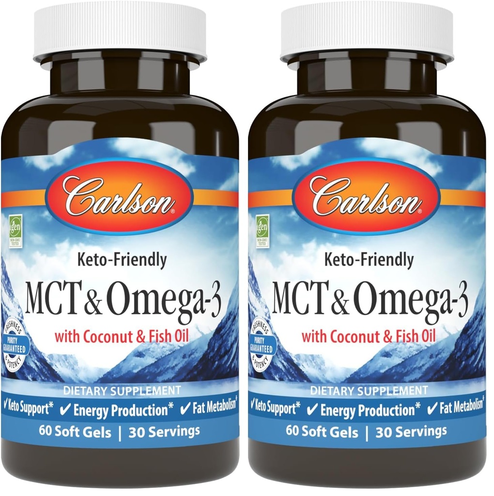 Carlson - MCT & Omega-3, Coconut Oil, Caprylic & Capric Acids, EPA & DHA, Energy Production, Fat Metabolism & Brain Health, 60 Softgels (Pack of 2)