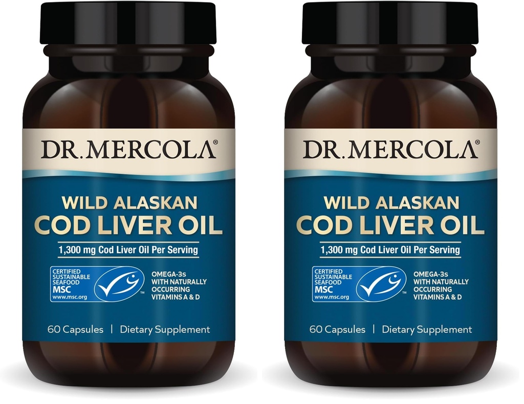 Dr. Mercola Cod Liver Oil, 1,300 mg Per Serving, 30 Servings (60 Capsules), Dietary Supplement, Supports Brain, Bone and Joint Health, Non-GMO, MSC Certified (Pack of 2)