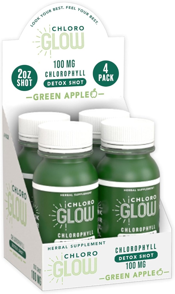 Chloroglow Chlorophyll Shots – 有机植物基绿色苹果饮料,用于免疫支持和身体清洁 – 自然补充(4包)