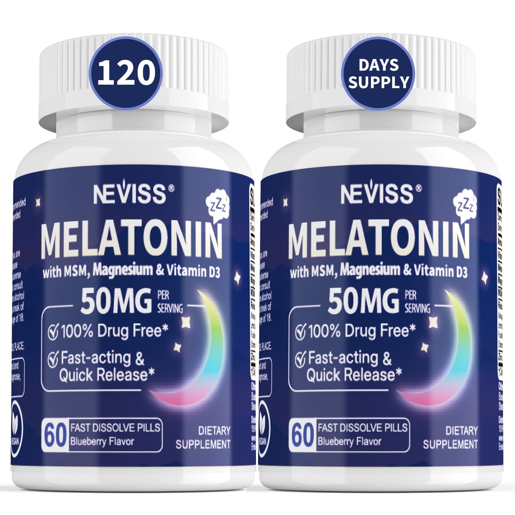NEVISS Melatonin 50 mg for Adults - Extrastruct 9-in-1 快溶分语言 - 高剂量与甘油镁,维生素D3, Ashwagandha,柠檬浆, 香菊, 无糖, Vegan 120片