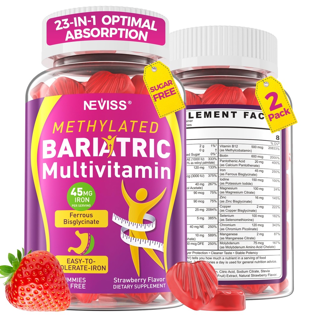 NEVISS Bariatric Multivitamin with 45mg Iron Gummies for Women Men 120Ct | w/ Methylated B-Complex, D3, High Absorption Bariatric Vitamins Supplement for Gastric Bypass & Sleeve Patients, Sugar Free