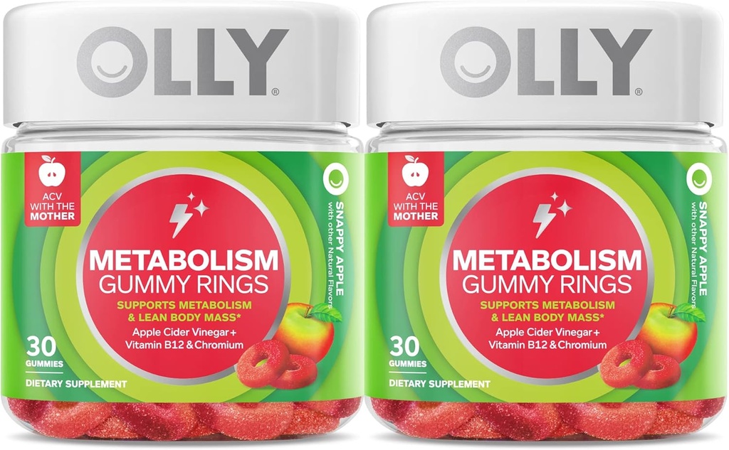 OLLY 代谢 Gummy Rings,苹果苹果苹果苹果醋,维生素B12,铬,能源与消化健康,可口补充,苹果Flavor,双包-60 Counter
