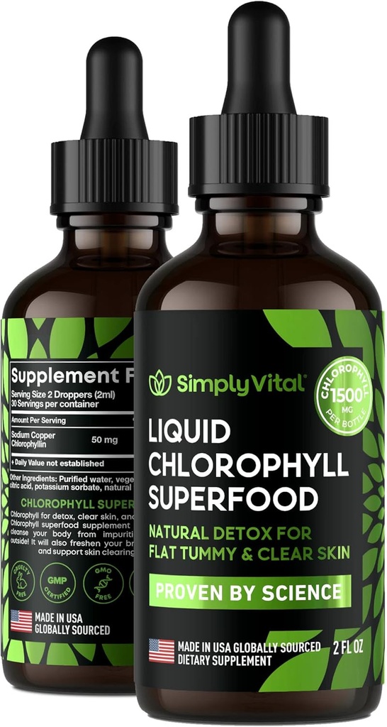 纯Vital Chlorophyll Liquid Drops for Clear Skin & Energy Boost - 免疫支持补充剂 - 在美国制造 - 液化氯phyll for Gut Health - 内除臭剂 - 抗氧化剂 - 2 FL OZ