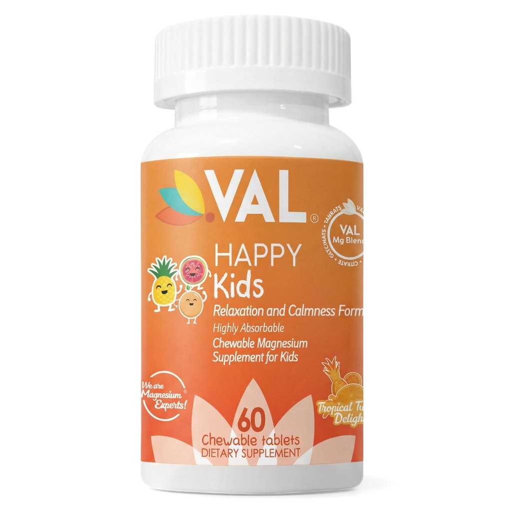 VAL Magnesium for Kids QQ 高吸附镁用于镇静,放松和聚焦 Mg Glycnit, Citrate & Taurate QQ 与维生素B6, D&C QQ 无糖,非GMO QQ 60可切片