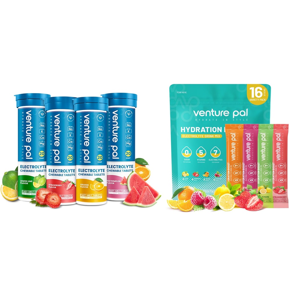 Venture Pal 糖无电解质 Powder Packets & Chewable Fast-Melt 电解质板, 跑步自行车运动的电解质
